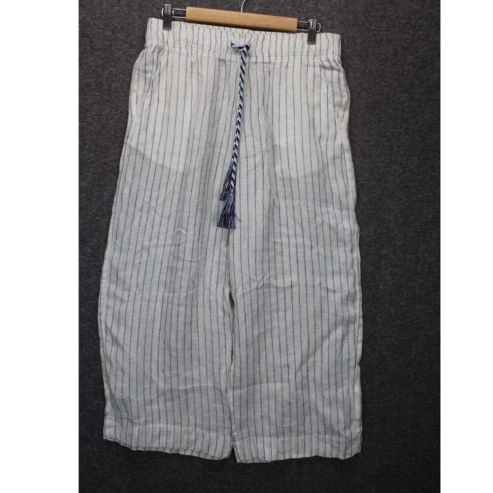 C&C California White Linen Wide Leg Pants with Navy Pinstripes